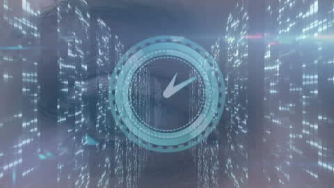 Digital Clock Animation Over Futuristic Server Room