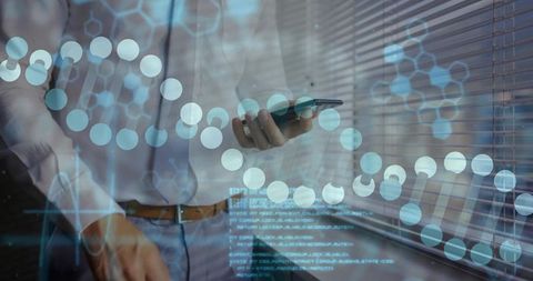 Businessman with Smartphone Analyzing Digital Molecular Data