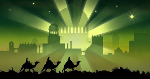 Three wise men journey silhouette against bethlehem skyline