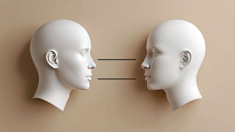 Minimalistic white sculptures facing each other in symmetrical style, talking heads concept