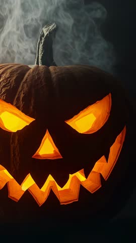Tilting camera revealing candle-lit jack-o'-lantern with swirling smoke in dark studio