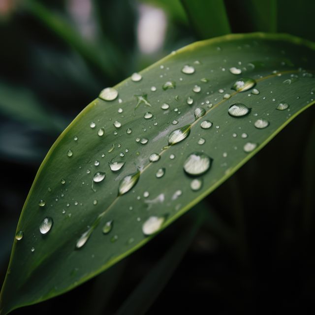 Image captures close-up of green leaf with water droplets, highlighting nature's beauty and freshness. Can be used to promote environmental awareness, nature conservation, or as botanical decor in settings requiring a touch of fresh, natural aesthetics.