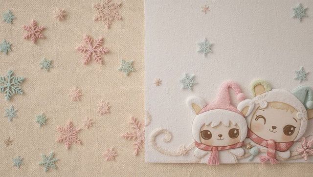 Sitting plush animals wearing winter hoods and scarves on pastel snowflake backdrop