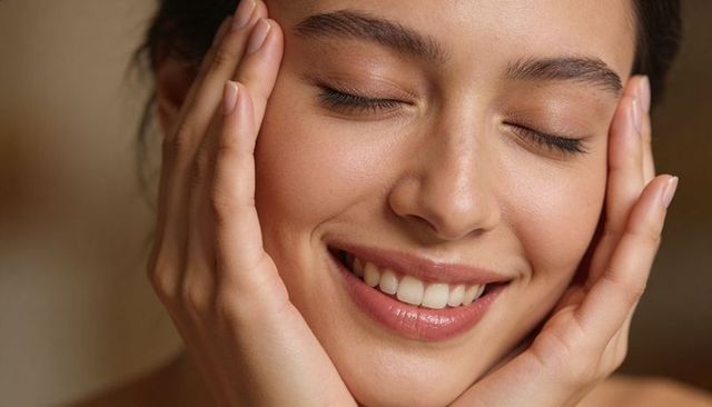 Smiling woman cupping cheeks with manicured nails showing teeth radiant skin close-up