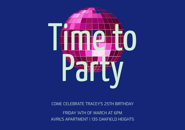 This dynamic party invitation features a bright disco ball, perfectly setting the scene for a fun and lively 25th birthday celebration. Ideal for use in event announcements, digital invitations, or party flyers, this vibrant template captures the essence of excitement and festivity, making it ideal for a special occasion.