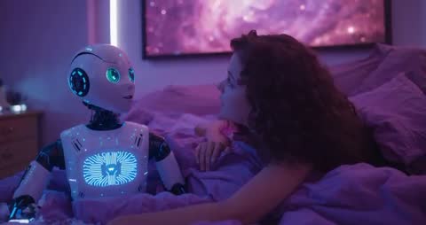 Curious Interaction Between Awake Child and Luminous Sleeping Robot at Night