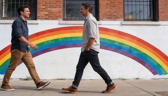 Two men walking past rainbow mural exchanging eye contact urban pride casual boots
