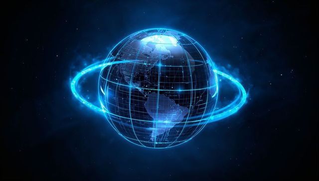Neon holographic globe with digital grid, glowing city nodes and orbiting ring