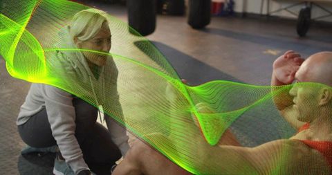 Female trainer coaching client doing situps in gym with neon wave overlay fitness duo