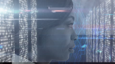 Woman Analyzing Digital Data with Holographic Interface