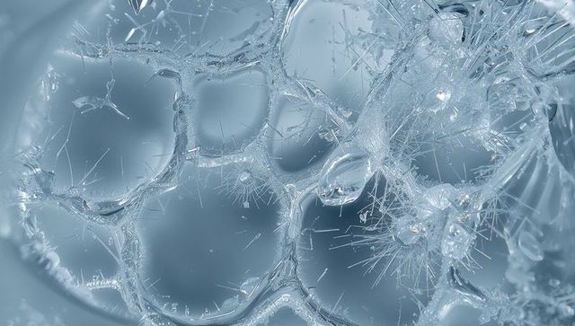 Macro frozen bubble cells with needle-like ice crystals abstract blue glistening icy frost texture