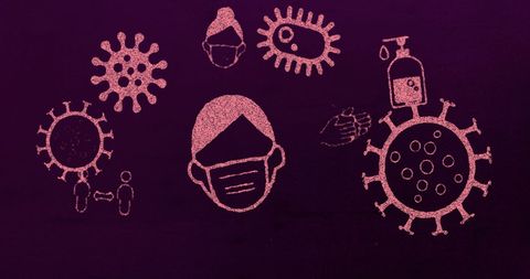 Coronavirus prevention awareness sketch collection on purple background