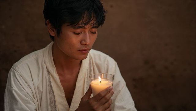 Asian man holding lit glass candle contemplative portrait warm candlelight minimalist interior