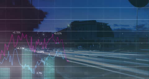 Financial Data Animating Over Fast-Paced Urban Cityscape