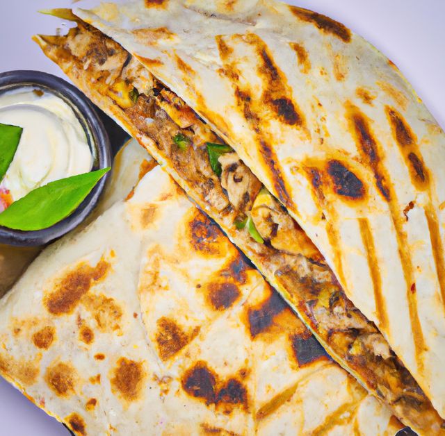 Close up of fresh quesadilla filled with vegetables and sauce with dip. Food, tradition and seasoning concept.