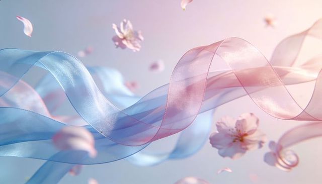 Ethereal pastel ribbons with cherry blossom petals floating through soft backlit silk waves