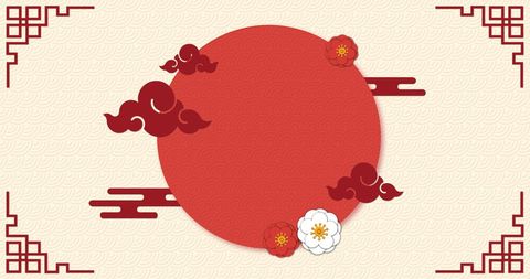 Festive digital artwork featuring a bold red circle surrounded by decorative cloud motifs and delicate flowers on a textured beige background. This can be used for Chinese New Year celebrations, invitations, greeting cards, and vivid cultural presentations highlighting traditional Asian aesthetics.