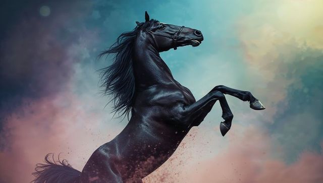 Majestic rearing black horse against painted sky