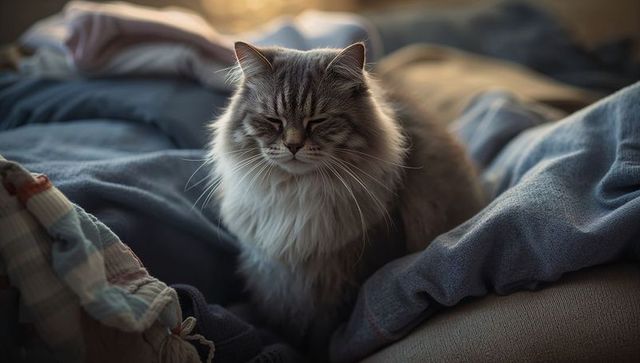 Fluffy long-haired gray tabby cat sitting on cozy bed, basking in warm morning light