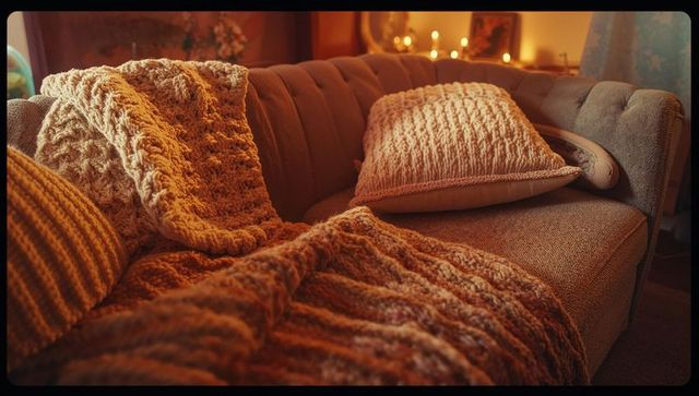 Cozy Tufted Sofa with Warm Knit Blankets in Ambient Living Room