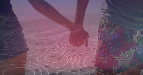 Romantic Beach Walk with Abstract Shapes Overlay