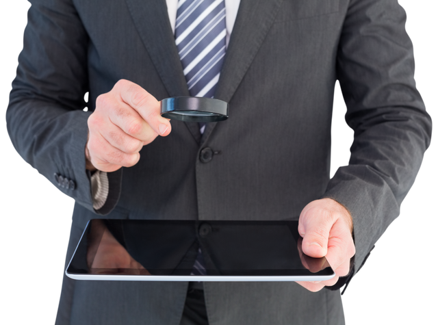 Businesswoman Inspecting Tablet with a Magnifying Glass, Transparent Background - Download Free Stock Videos Pikwizard.com