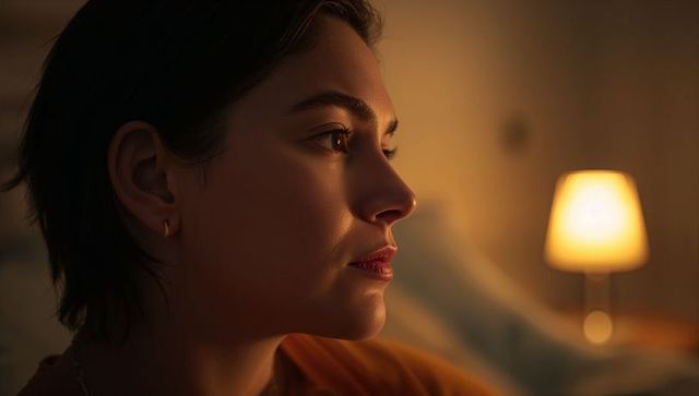 Young woman gazing in warm amber light beside bedside lamp closeup profile portrait