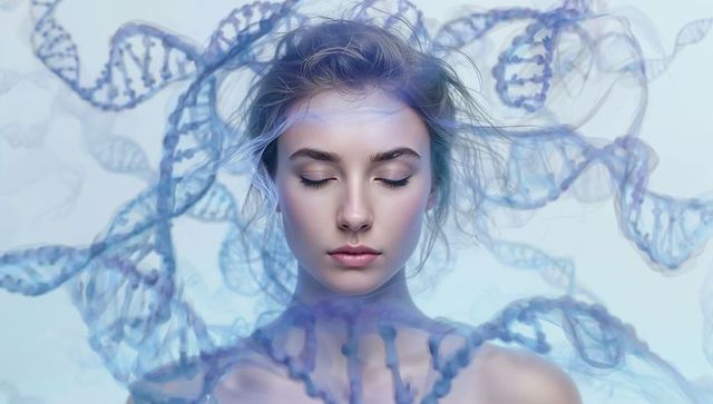 Serene woman meditating with floating dna helix overlays representing genetic wellness