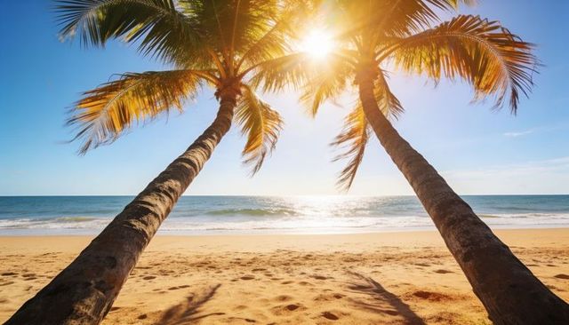 Framing leaning palm trees on sunny tropical beach with footprints and ocean horizon