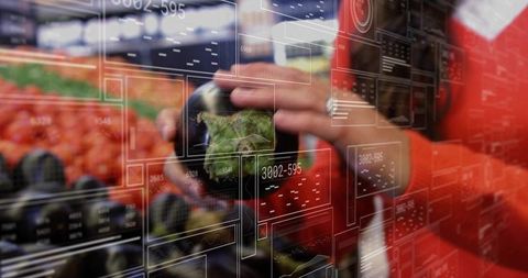 Shopper using augmented reality scanning artichoke in grocery aisle with hud overlays