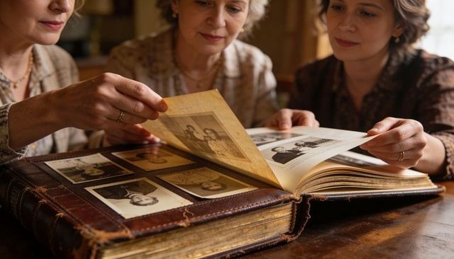 Three women exploring vintage family album at wooden table turning sepia pages