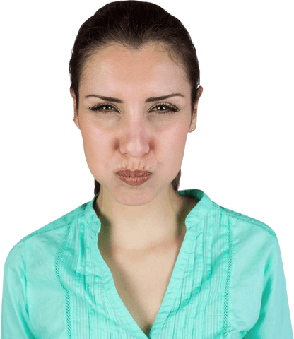 Transparent Background Woman Pouting in Turquoise Shirt