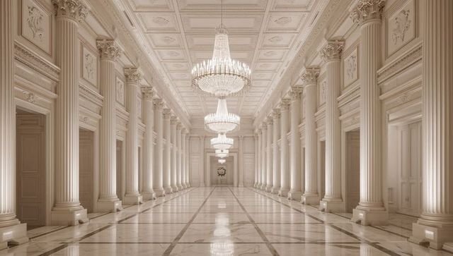 Neoclassical grand hall with crystal chandeliers and marble corridor, palatial interior