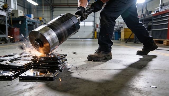 Worker using hydraulic grinder destroying hard drives sparks flying in industrial workshop