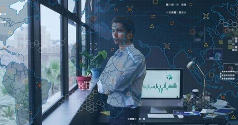 Data Analyst Gazing Out Window in Modern Office with Global Data Visualization Hexagonal Overlay