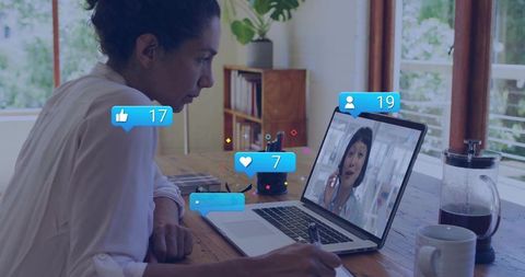 Woman in Home Office Engaging in Virtual Meeting with Interactive Elements