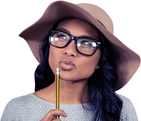 Stylish Asian Woman in Hat and Glasses Holding Pencil on Transparent Background