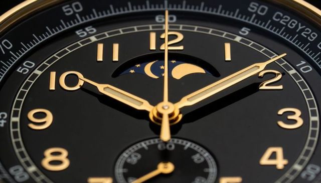 Luxury moonphase watch dial with gold hands and numerals, macro closeup timepiece detail