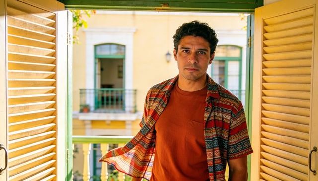 Casual man standing in sunlit balcony doorway wearing patterned shirt and rust tee