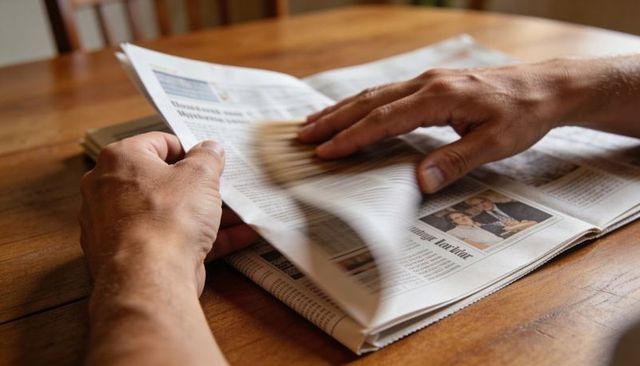 Hands turning newspaper on wooden table with motion blur and cozy morning reading mood