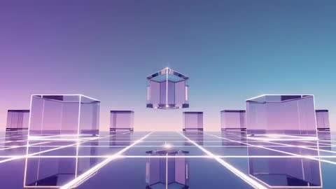 Futuristic Cube Architecture with Neon Glow and Grid Floor