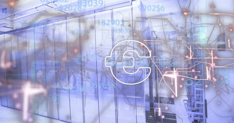 Digital Euro Sign Overlay on Data Processing Network