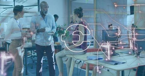 Team collaborating and discussing finance with euro symbol overlay in modern office