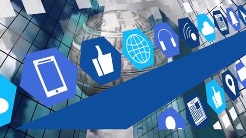 Floating Money Globe with Digital Technology Icons over Modern Skyscraper