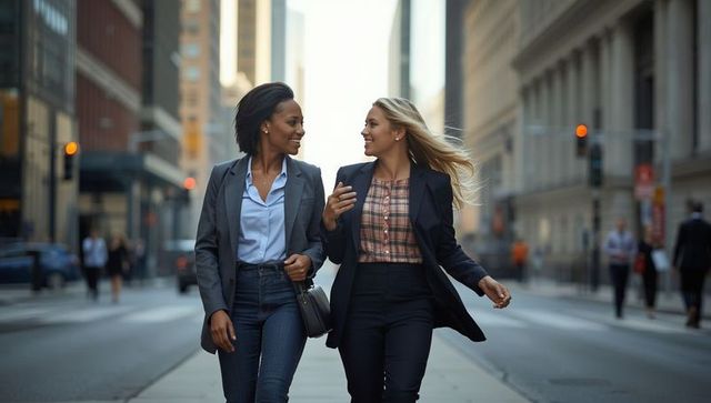 Colleagues walking and conversing in urban business district