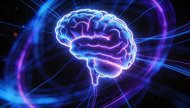 Neon glowing brain with electric filaments representing ai neural activity and connectivity