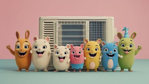 Playful rodent characters celebrating with ac unit