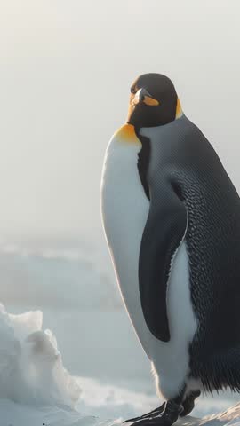 King penguin scanning frozen sea on Antarctic ice platform vertical wildlife video clip