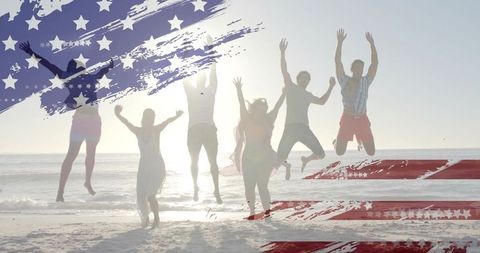 Friends jumping on beach at sunset with american flag overlay for patriotic summer celebrations