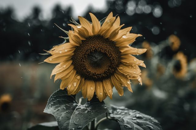 Sunflower in field with rain and blurred background, created using generative ai technology. Nature, summer and flower concept digitally generated image.